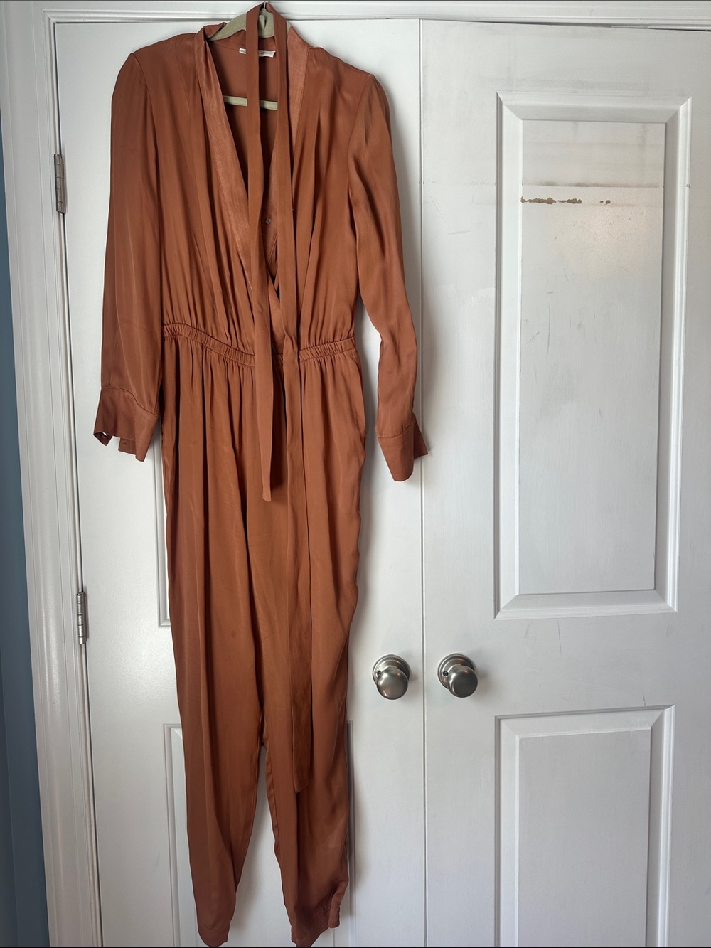 LBLC the label Rust Brown Long-Sleeve Tie Front Jumpsuit